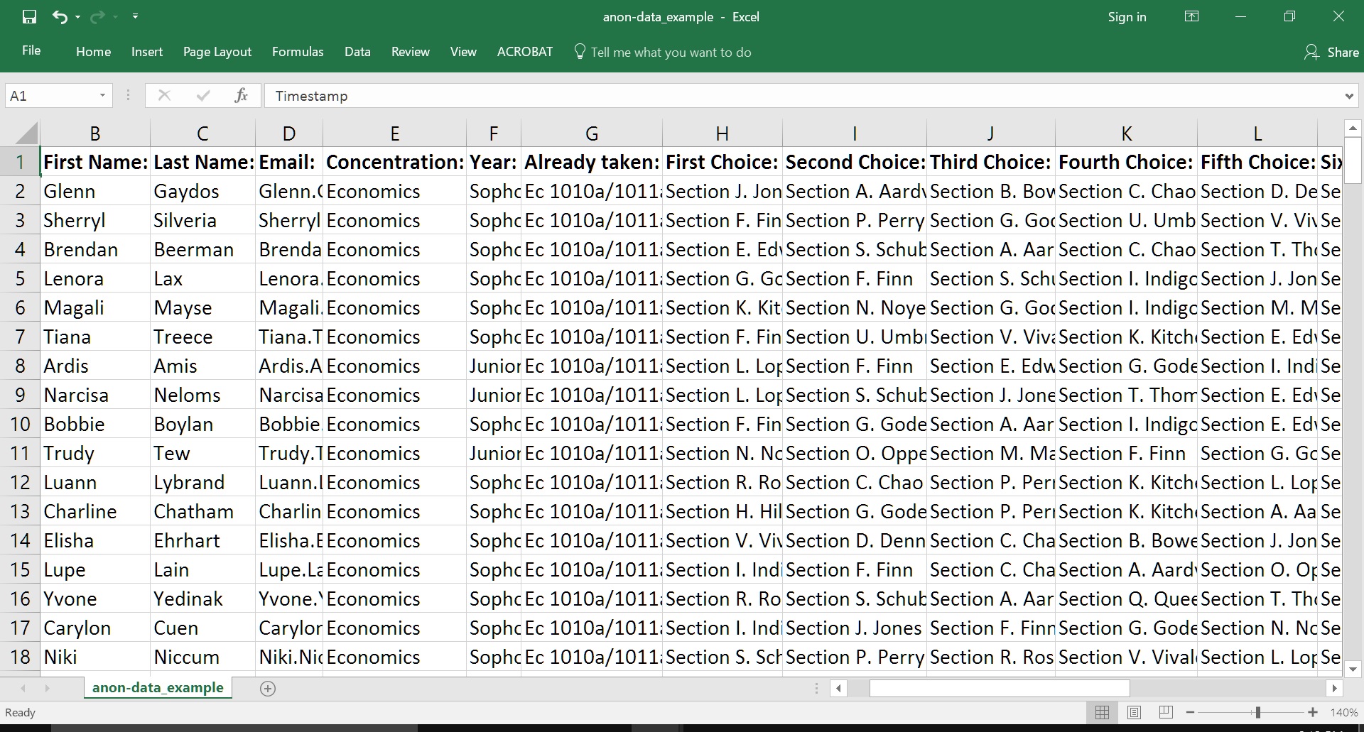 Screenshot of example CSV file